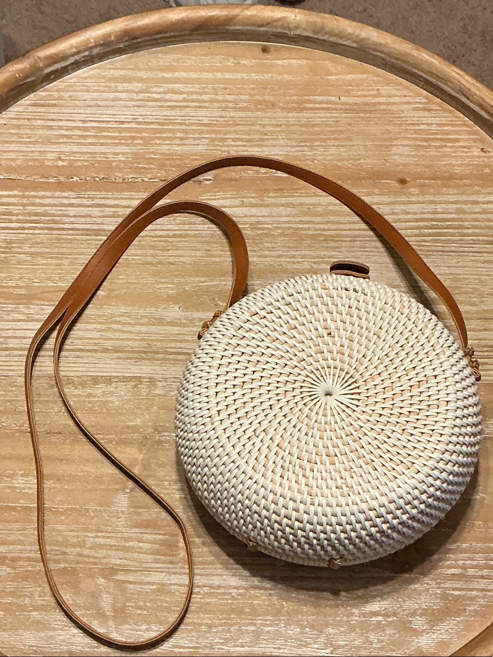 Round Rattan Woven Crossbody Bag with Tan Leather Strap